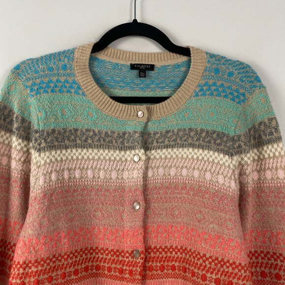 Talbots Cardigan Sweater Size XLP Fair Isle Multicolor Lambswool Mohair - Picture 2 of 10